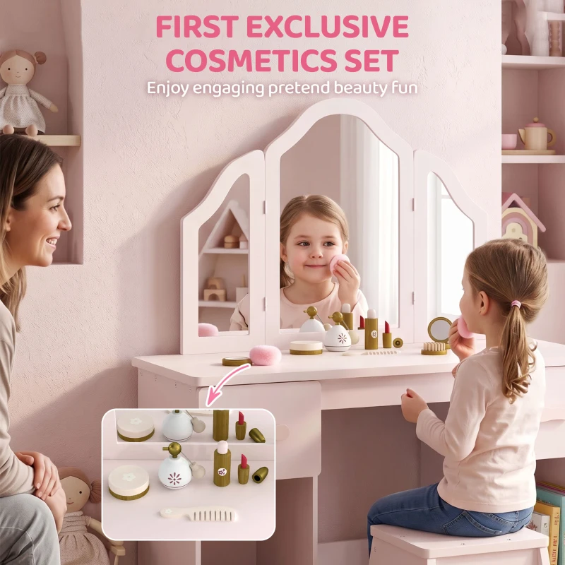 AIYAPLAY Coiffeuse pour Enfants avec Tabouret et Miroir à Trois Volets en Acrylique, 2 Tiroirs et 2 Placards, Rose
