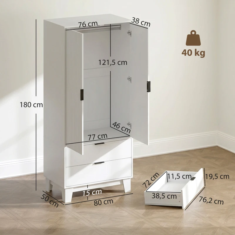 HOMCOM Armadio per camera con 2 ante soft-close, 2 cassetti e barra, 80x50x180 cm, Bianco
