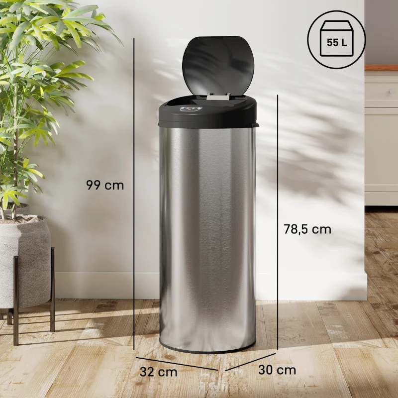 HOMCOM Sensor prullenbak 55 L contactloze afvalbak met soft-close deksel van RVS voor keuken en sportschool