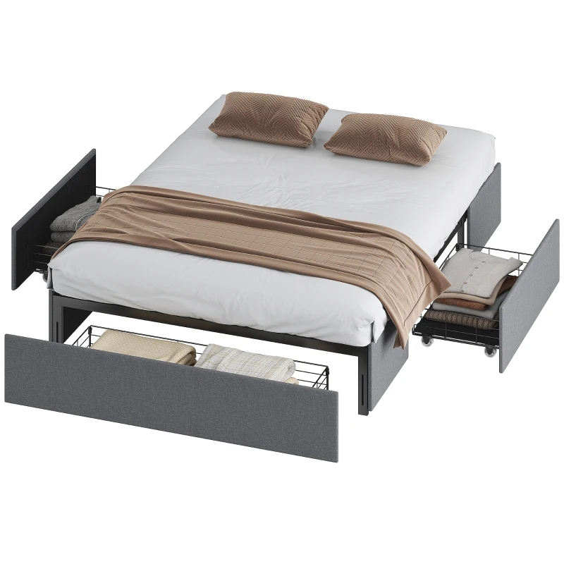 HOMCOM Lit coffre 140 x 190 cm, cadre de lit double rembourré avec 3 tiroirs, sommier à lattes en LVL, sans bruit, gris