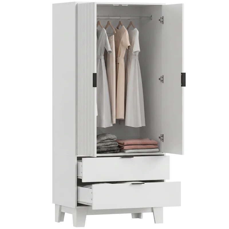 HOMCOM Armadio per camera con 2 ante soft-close, 2 cassetti e barra, 80x50x180 cm, Bianco
