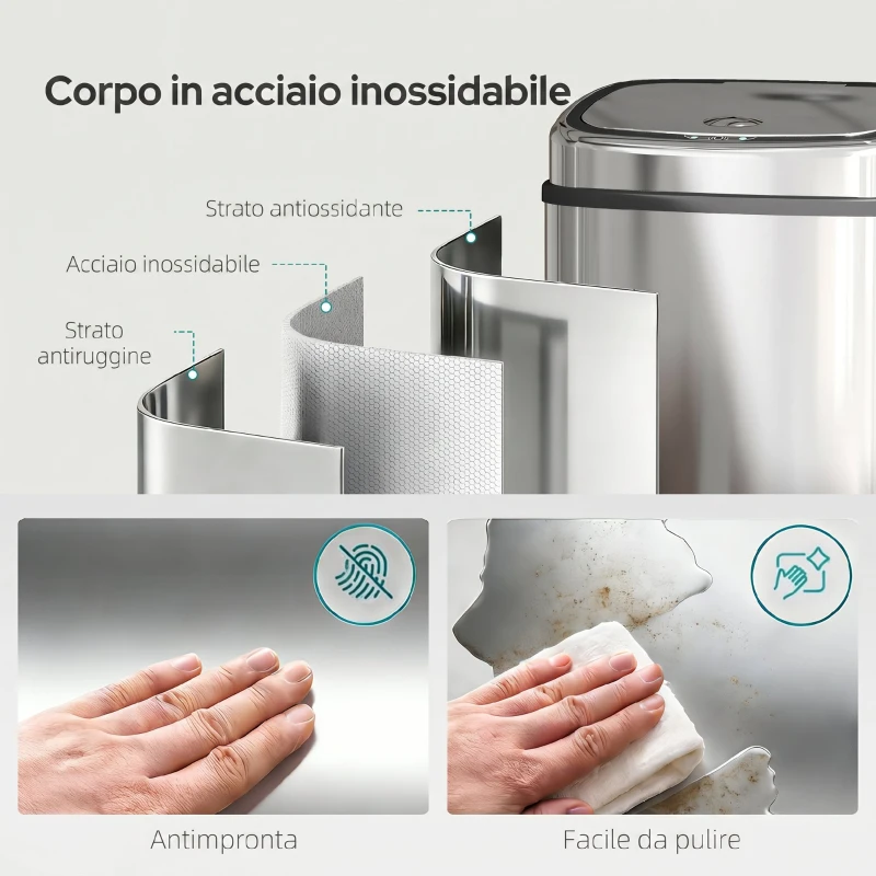 HOMCOM Pattumiera con Sensore a Infrarossi da 50L in Acciaio Inox con 2 Modalità di Apertura, Argento