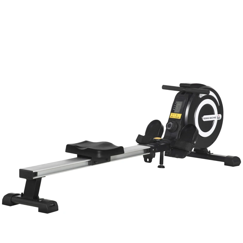 HOMCOM Máquina de Remo Plegable con Resistencia Ajustable Volante de 4kg y Monitor LCD Carga 120kg 185x58x57 cm Negro y Plata