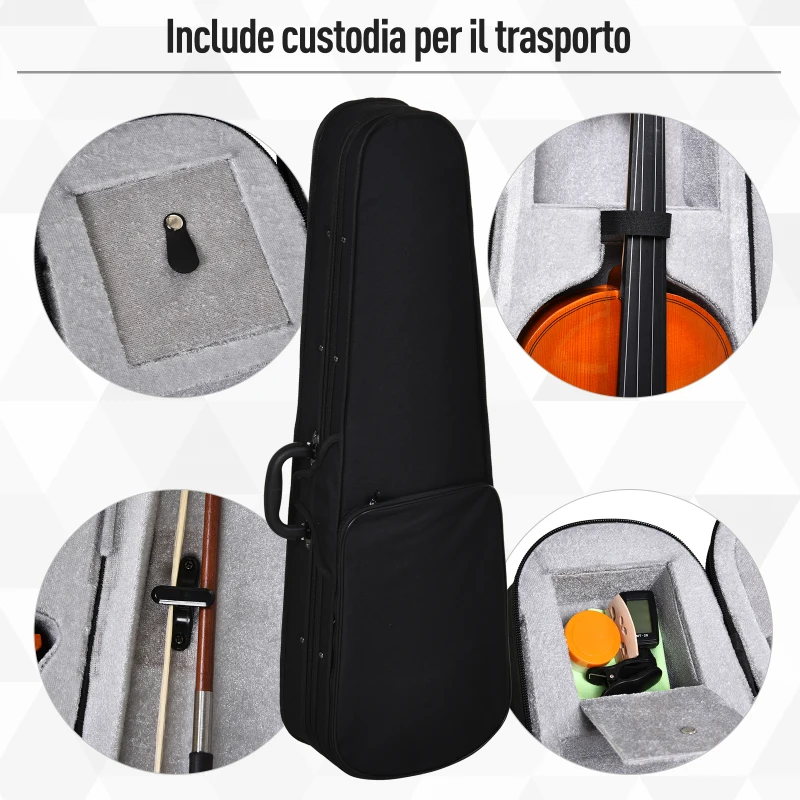 HOMCOM Violino 4/4 per Adulti con Accessori Inclusi (Custodia, Archetto, Corde, Ponticello, Accordatore) 58.5 x 21.5 x 7cm