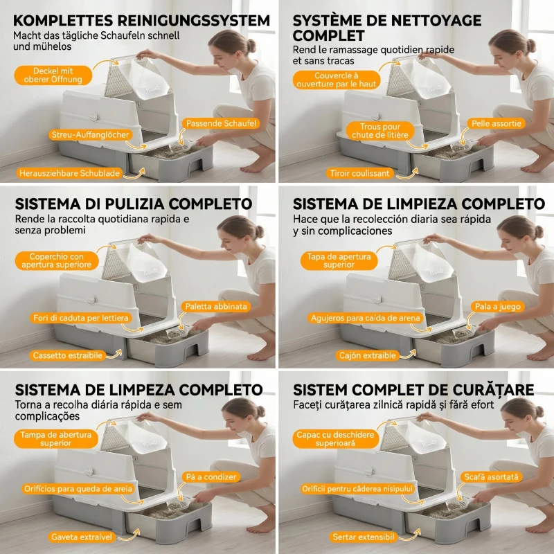 PawHut Litieră Acoperită 3 în 1 pentru Pisici, 68 L, cu Capac, Tavă Detașabilă din Oțel Inoxidabil, Lopățică, Alb și Gri