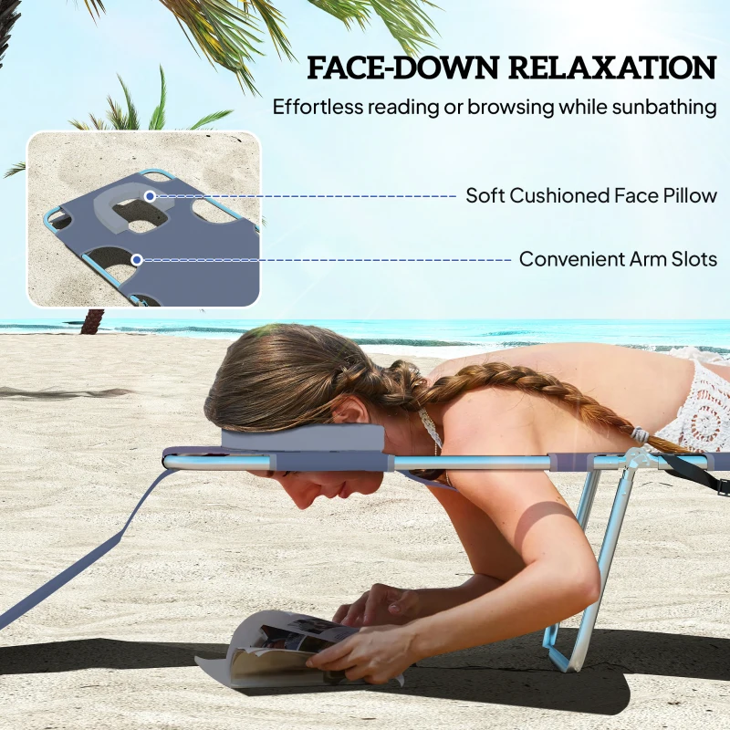 Outsunny 5-Position Adjustable Sun Loungers Set of 2 with Reading Hole and Side Pocket, Grey