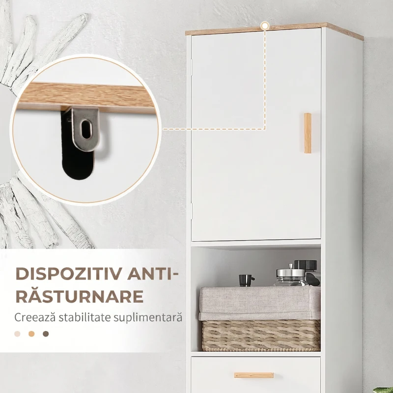Kleankin Dulap Coloana pentru Baie, Îngust Space Saver, din Lemn/MDF, cu Rafturi si Usi, Organizator Ergonomic, Alb