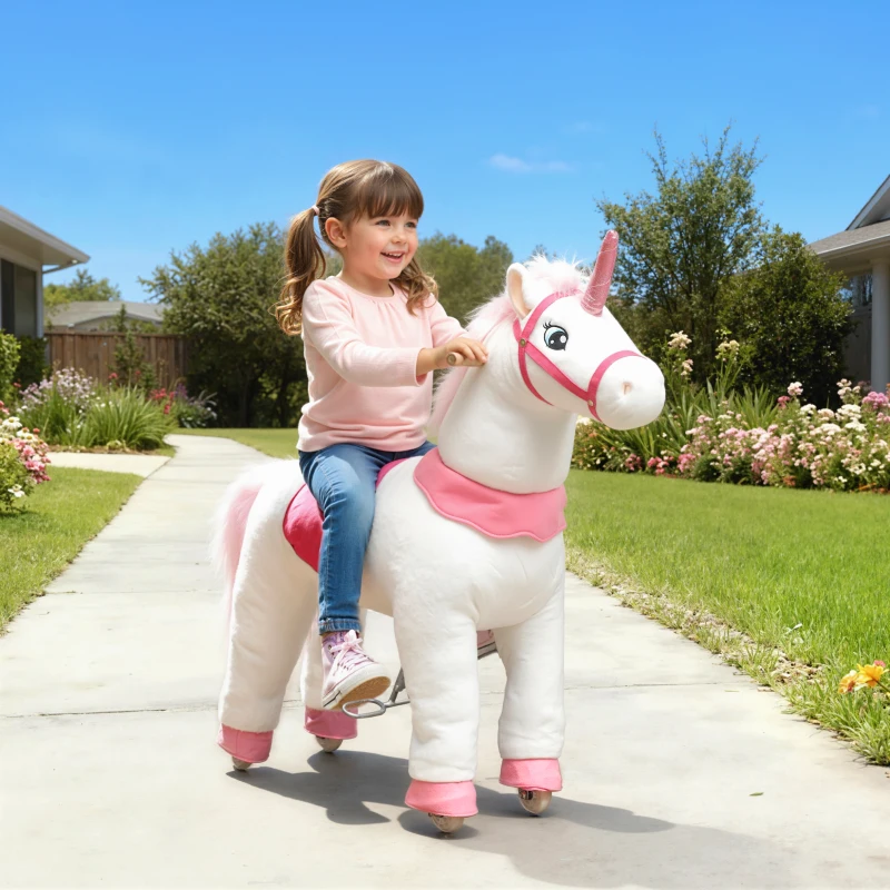 AIYAPLAY Reitpferd für Kinder, Einhorn-Design, Stoffbezug, stabiler Rahmen, sanfte Räder, Schaukelpferd, 3-5 Jahre, Weiß