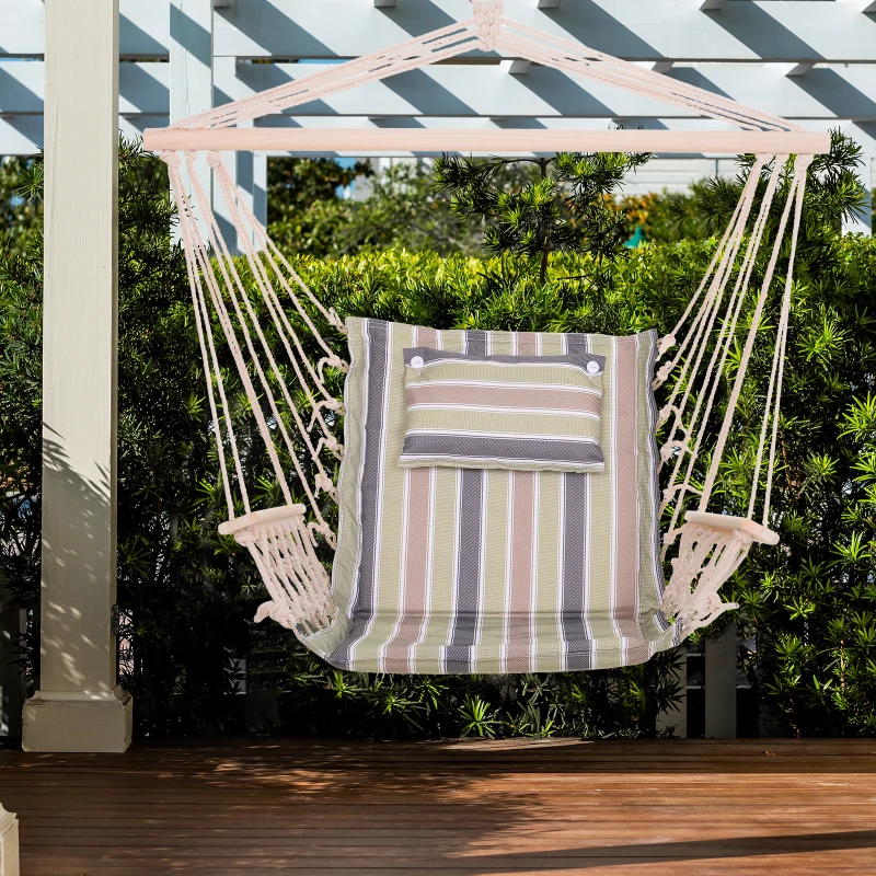 Outsunny Silla Colgante Estampado Rayas Hamaca con Cojín Reposacabezas para Interior Exterior 100x106 cm Carga Máx. 100 kg