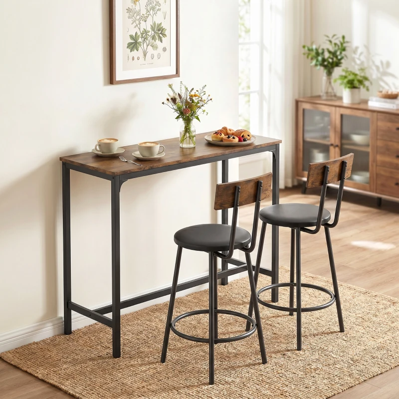 HOMCOM Set de Mesa de Bar 3 Piezas Mesa de Cocina Salvaespacio Marrón Rústico
