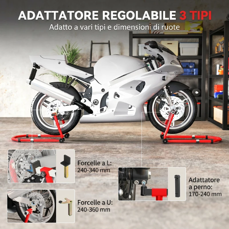 HOMCOM Cavalletto Moto Anteriore e Posteriore con Capacità 390 kg, Forcelle a U e L, Rotelle e Cuscinetti Antiscivolo, Rosso