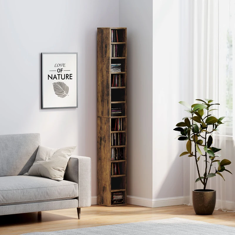 HOMCOM Rangements pour CD et DVD avec 12 compartiments, capacité max. 204 CD, 21 x 20 x 175 cm, brun rustique