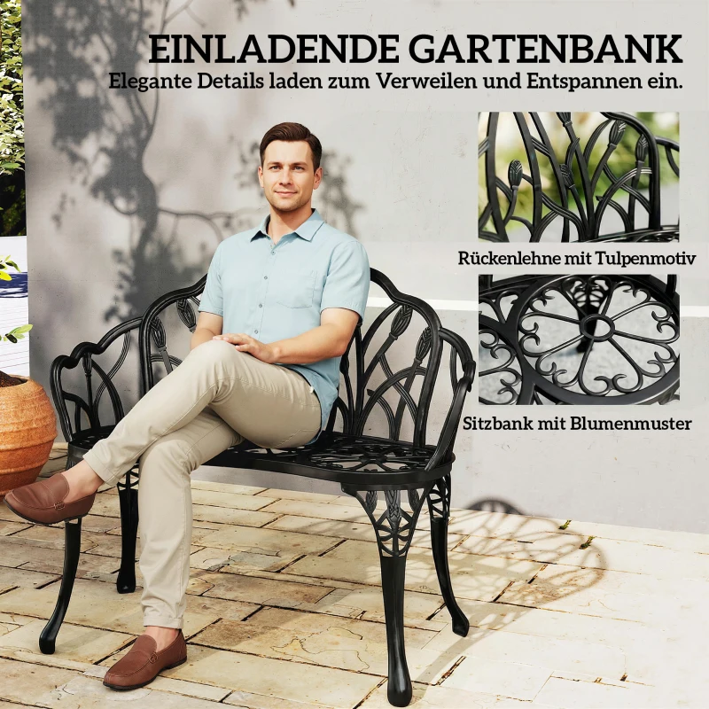 Outsunny Gartenbank 2-Sitzer Gussaluminium wetterfest Outdoor Sitzbank mit Tulpen-Rückenlehne Blumenmotiv 99 x 57 x 78 cm