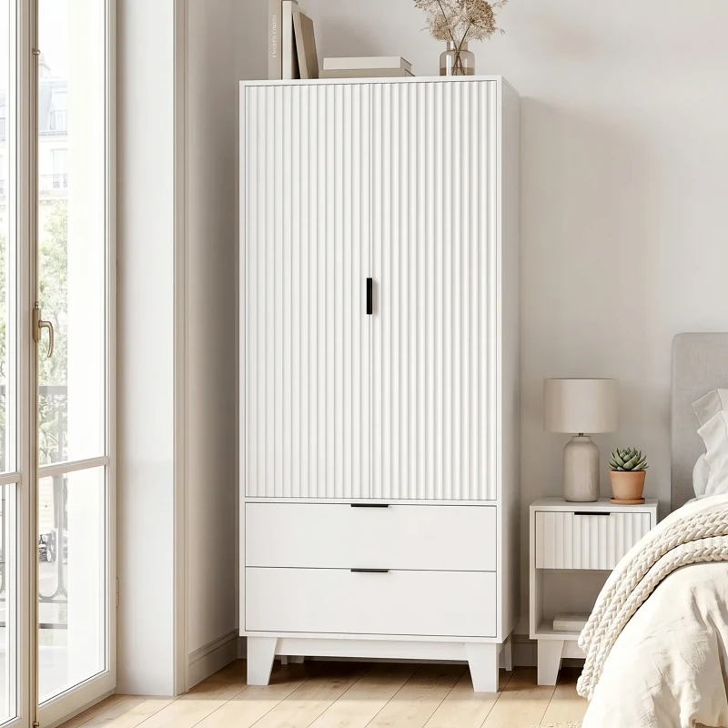 HOMCOM Armadio per camera con 2 ante soft-close, 2 cassetti e barra, 80x50x180 cm, Bianco