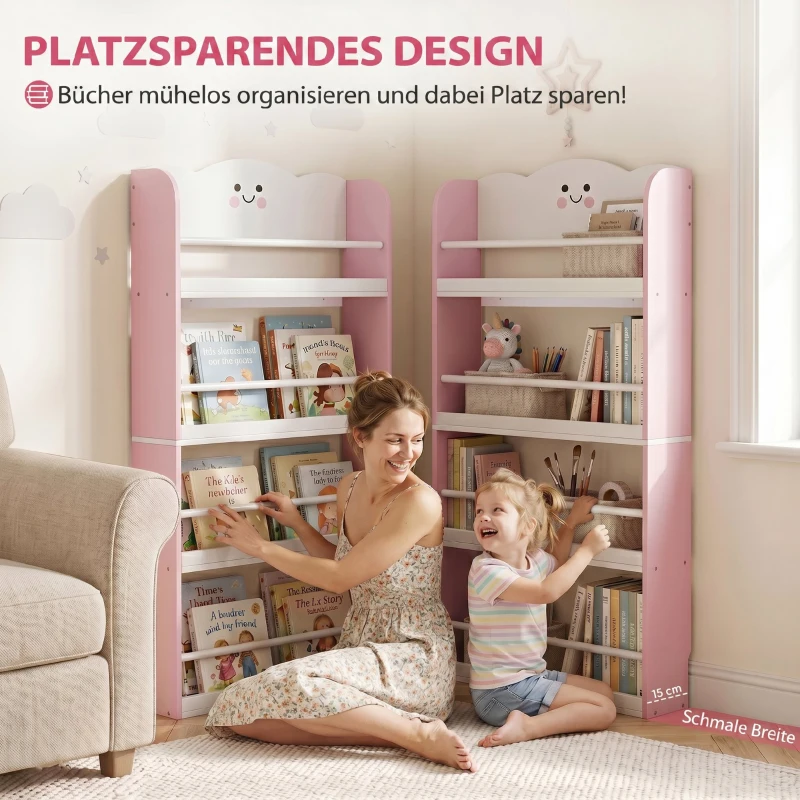 AIYAPLAY Kinderbücherregal mit 4 Etagen, Wandmontiertes Bücherregal für Kinderzimmer, Spielzimmer, Wohnzimmer, Rosa