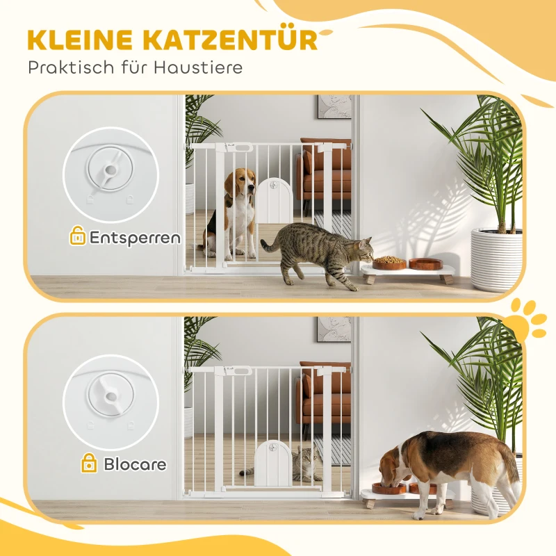 PawHut Absperrgitter für Haustiere, verstellbar, mit kleiner Tür, Stahl, Kunststoff, Weiß(m-6)