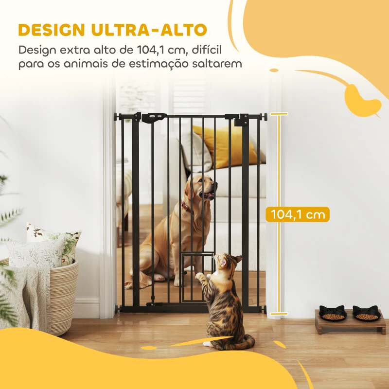 PawHut Barreira de Segurança Ajustável com Porta Pequena, Fecho Automático e Sistema de Bloqueio Duplo 74-80 x 104,1 cm Preta