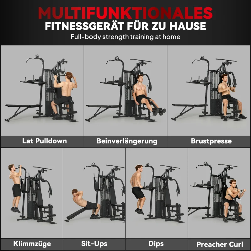 SPORTNOW Multifunktions-Trainingsstation, Heimfitness-Maschine für über 10 Übungen, Gewichte, anpassbare Fitnessbank, Schwarz