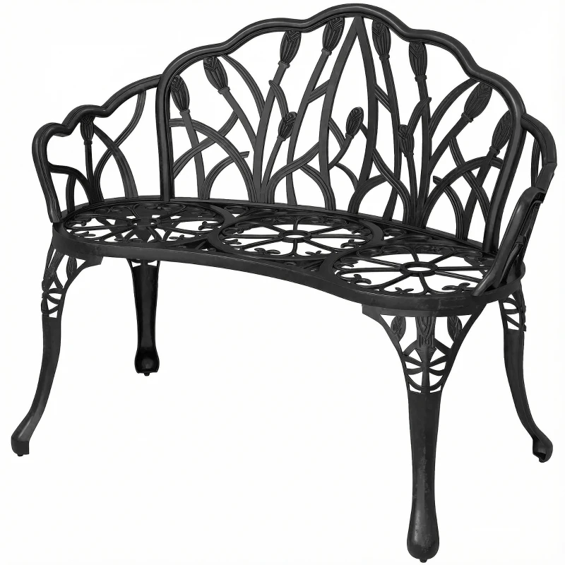 Outsunny Gartenbank 2-Sitzer Gussaluminium wetterfest Outdoor Sitzbank mit Tulpen-Rückenlehne Blumenmotiv 99 x 57 x 78 cm