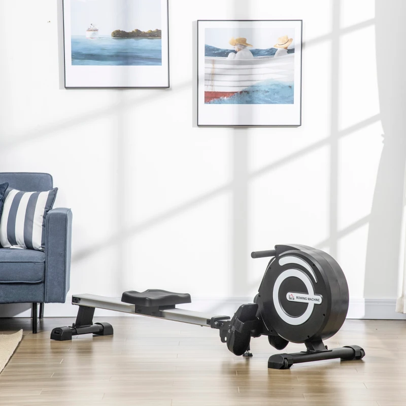 HOMCOM Máquina de Remo Plegable con Resistencia Ajustable Volante de 4kg y Monitor LCD Carga 120kg 185x58x57 cm Negro y Plata
