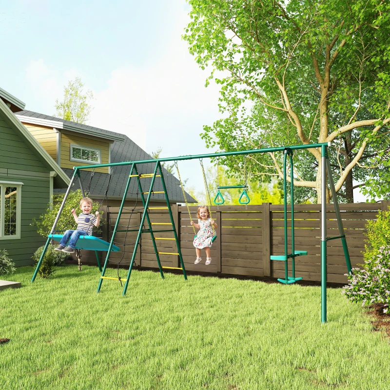 AIYAPLAY 5-in-1 Schaukelgestell mit verstellbarer Nestschaukel Turnringe Doppelsitzer Klettergerüst für 3-8 Jahre 440x175x203 cm