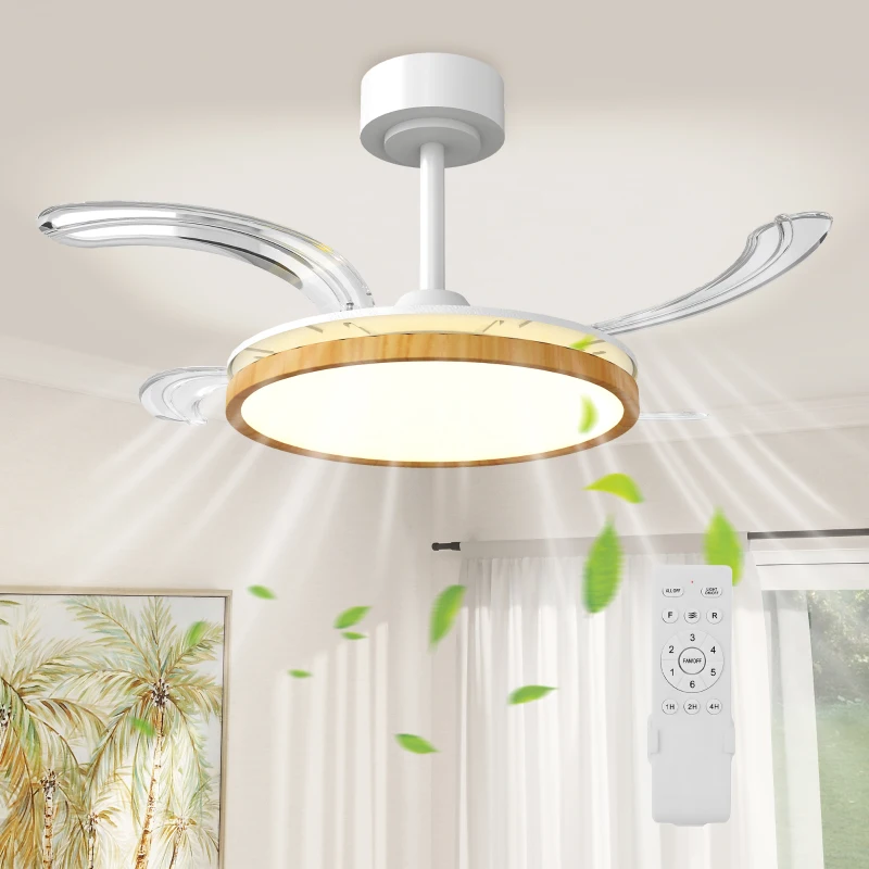 HOMCOM Deckenventilator mit Licht und Fernbedienung, 95 cm moderner LED-Deckenventilator mit einziehbaren Flügeln, Natur