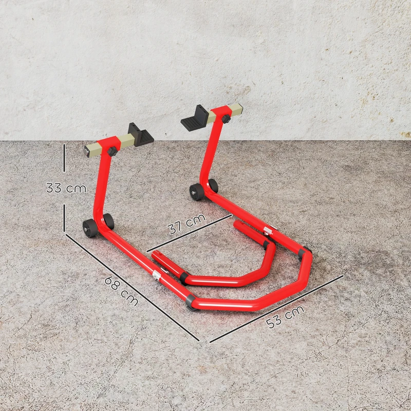 HOMCOM Suporte Roda Dianteira e Traseira para Mota Carga 390 kg Cavalete Moto Elevador Universal com Adaptadores de Garfos em U e L Ajustáveis e Rodas Vermelho