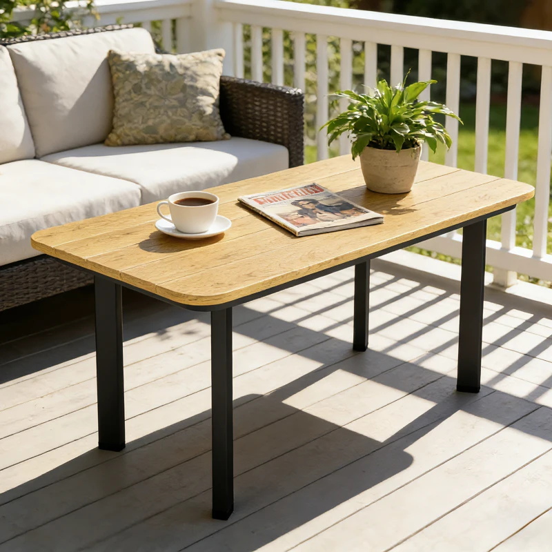 Outsunny Outdoor Garden Coffee Table, Garden Table with Slatted Wood Plastic Composite Top and Metal Frame, Brown