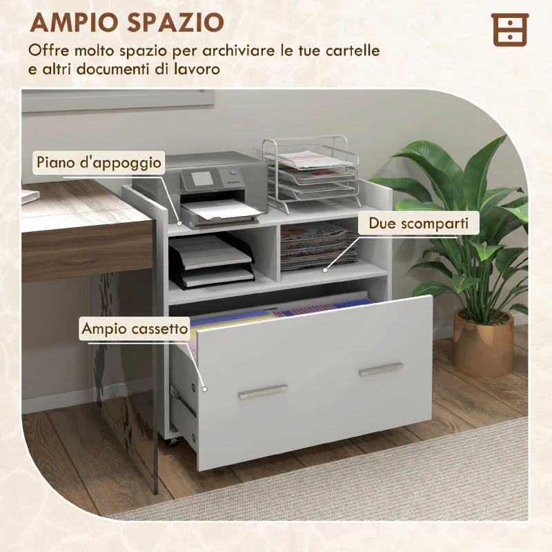 HOMCOM Mobile Archivio Laterale con Ruote e Ripiano Aperto, Ampio Cassetto, Barra Regolabile Bianco