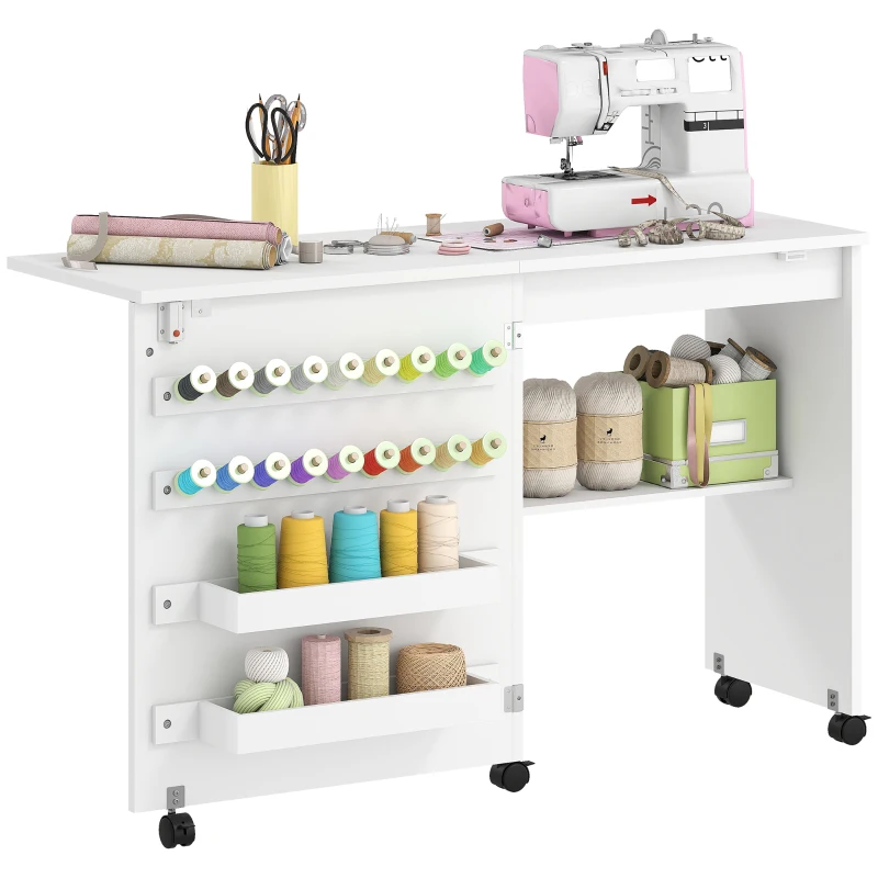 HOMCOM Folding Sewing Machine Table with Magnetic Door 2 Compartments Shelf 18 Thread Holders 5 Wheels White