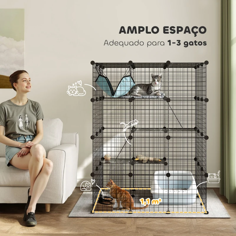 PawHut Gaiola Grande para Gatos de Interior com 4 Níveis  5 Portas 3 Plataformas de Salto 3 Rampas e Rede 105x105x140 cm Preto