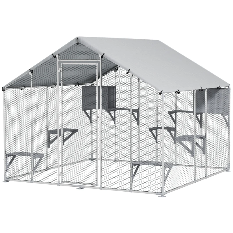PawHut Gaiola Grande para Gatos Exterior com 2 Casinhas 7 Plataformas para Saltar Cobertura Impermeável e Anti-UV 240x193x195 cm Prata