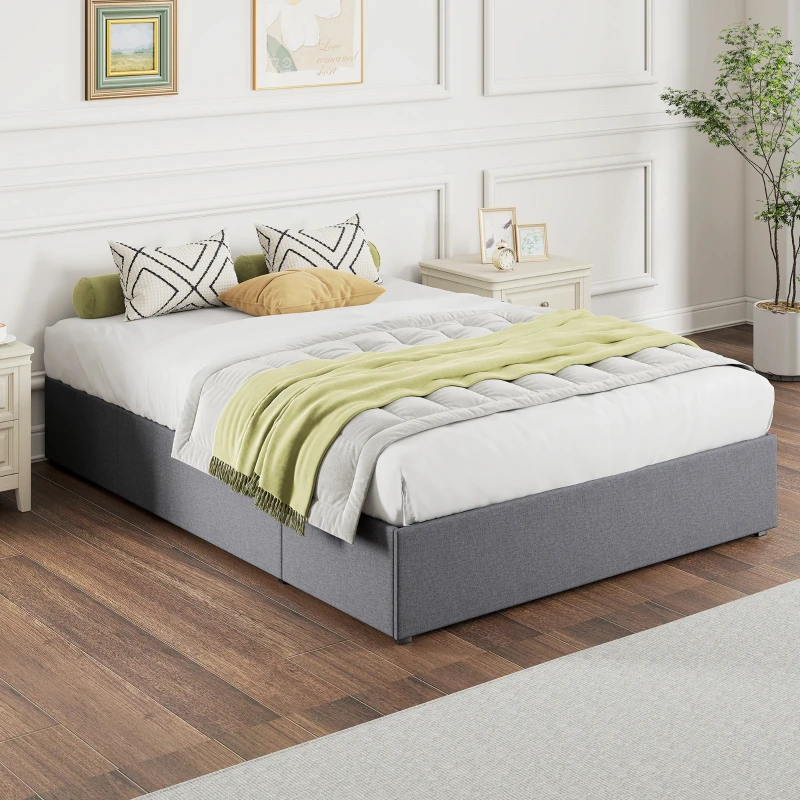 HOMCOM Lit coffre 140 x 190 cm, cadre de lit double rembourré avec 3 tiroirs, sommier à lattes en LVL, sans bruit, gris