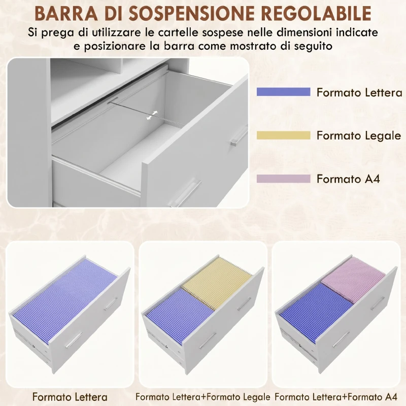 HOMCOM Mobile Archivio Laterale con Ruote e Ripiano Aperto, Ampio Cassetto, Barra Regolabile Bianco