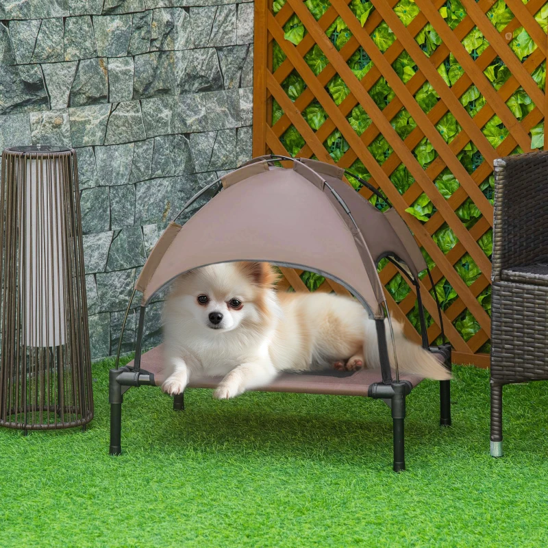 PawHut Brandina per Cani Rialzata e Traspirante con Tetto Rimovibile, in Metallo e Tessuto Oxford, 61x46x62 cm, Marrone