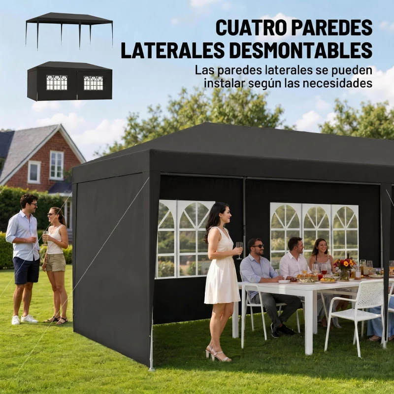 Outsunny Carpa de Jardín 6x3m con 4 Paredes Laterales 2 Ventanas Visibles Cenador Gazebo de Exterior para Fiestas Eventos Gris