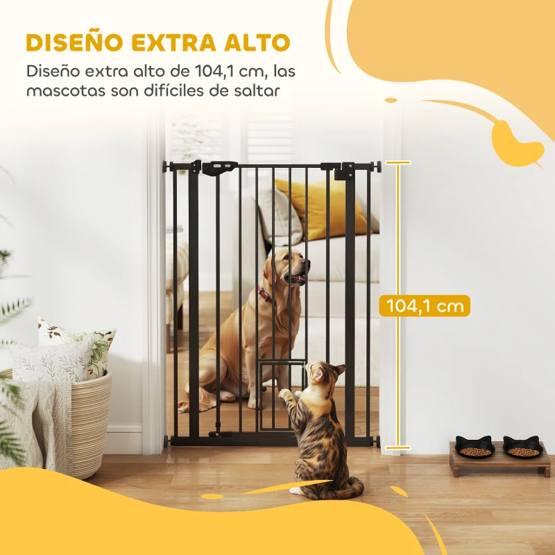 PawHut Barrera de Seguridad Ajustable con Puerta Pequeña Cierre Automático y Sistema de Doble Bloqueo 74-80x104,1 cm Negro