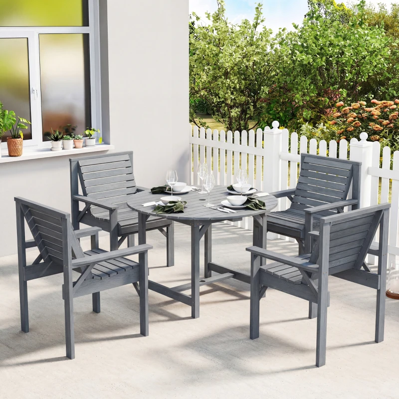 Outsunny 5 Pieces Garden Dining Set with Parasol Hole, Round Outdoor Table and Chairs, 4 Seater Wooden Garden Furniture, Grey