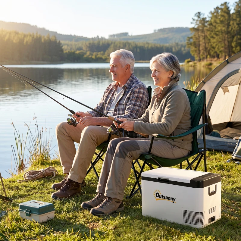 Outsunny Geleira Elétrica de Compressor 25L Portátil até -20℃ com Luz LED e Alças Dobráveis Geleira de Carro 12V/24V e 240V para Casa Campismo Viagem 58,5x33,5x35,2cm Branco