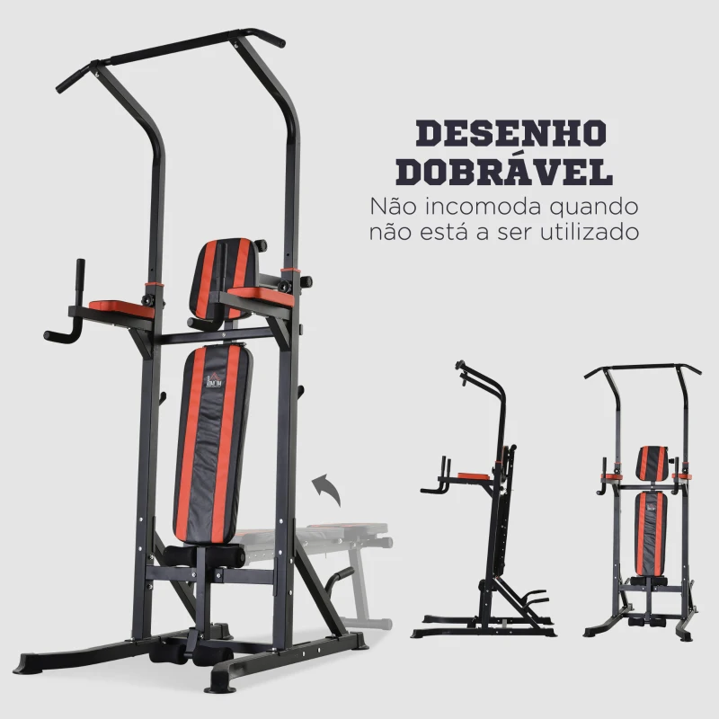 HOMCOM Estação de Musculação Dobrável com Barra de Elevações, Altura Ajustável e Banco Reclinável, Preto e Vermelho