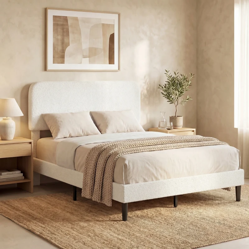HOMCOM Cadre de Lit 140x190cm avec Sommier, Tête de Lit Réglable, Lit Double Rembourré en Velours Teddy, Lattes en Métal, Blanc