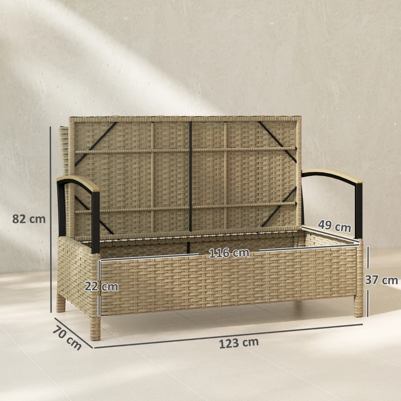 Outsunny 125L Garden Storage Bench, 2 Seater PE Rattan Outdoor Bench Storage Box with Padded Cushion, Khaki