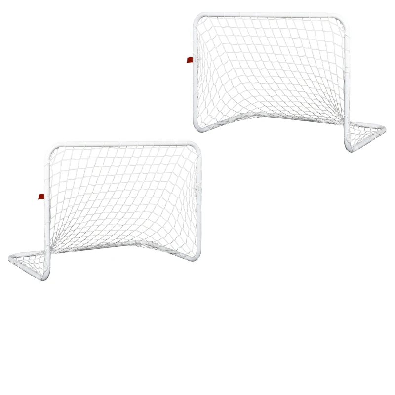 HOMCOM Set de 2 Porterías de Fútbol con Red y Balón para Niños y Adultos, Juguete Deportivo para Exterior Jardín con Inflador, de Acero y Poliéster, 78x46x56 cm, Blanco