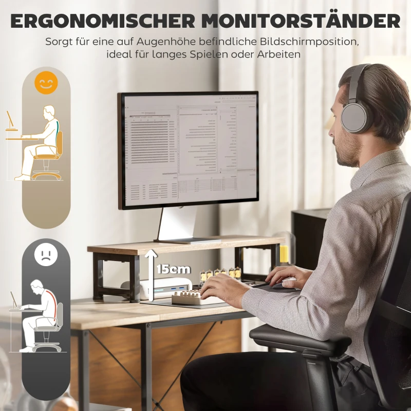 HOMCOM L-förmiger Schreibtisch, Vielseitiger Bürotisch mit einstellbaren Regalen und Aufbewahrungstasche, Monitorständer, Natur