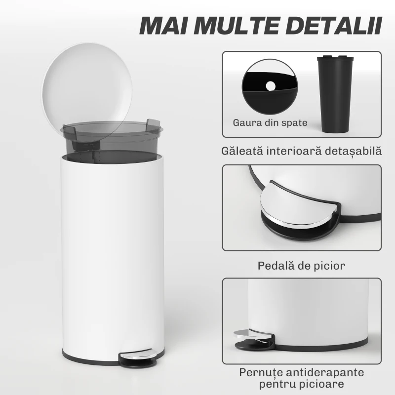 HOMCOM Coș de Gunoi cu Pedală 30L, cu Capac cu Închidere Lentă, din Metal și PP, 36x30x63.5 cm, Alb Crem