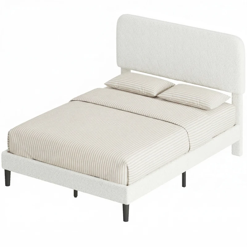 HOMCOM Cadre de Lit 140x190cm avec Sommier, Tête de Lit Réglable, Lit Double Rembourré en Velours Teddy, Lattes en Métal, Blanc