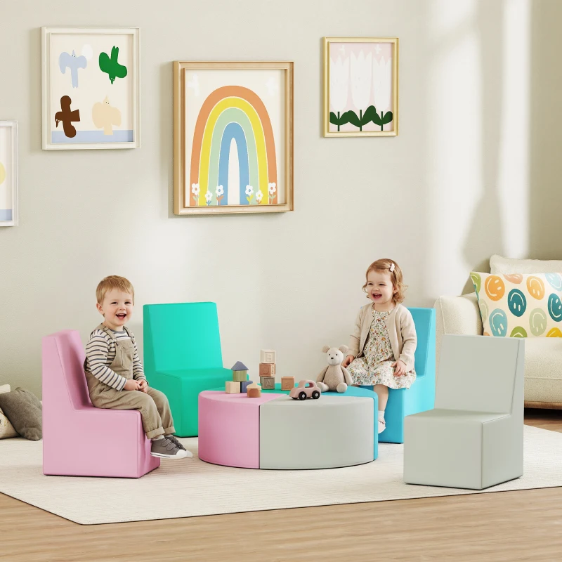 AIYAPLAY 8 TLG. Schaumstoff Bausteine Kinder Softbausteine mit Tisch- und Stuhldesign klettern Bauklötze aus PU Mehrfarbig