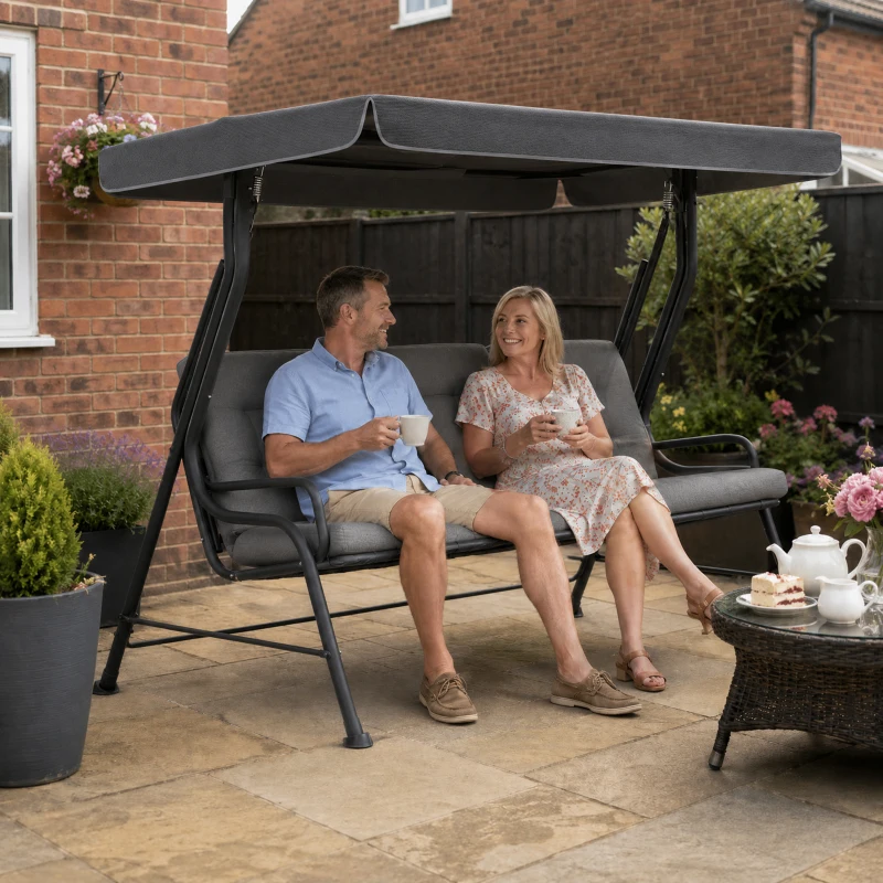 Outsunny 3-Seater Garden Swing Seat, Outdoor Swing Chair with Adjustable Waterproof Canopy, Light Grey