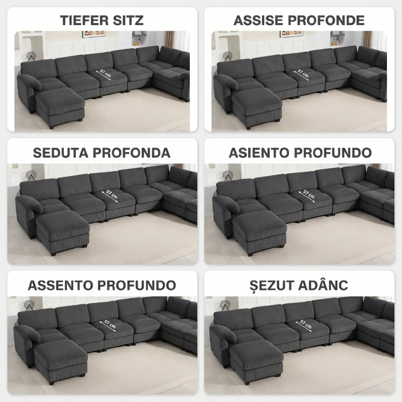 HOMCOM Ecksofa U-Form Sofa Couch mit Federpolsterung gepolsterte Armlehnen beweglicher Ottomane Cord 292x224x85 cm Dunkelgrau