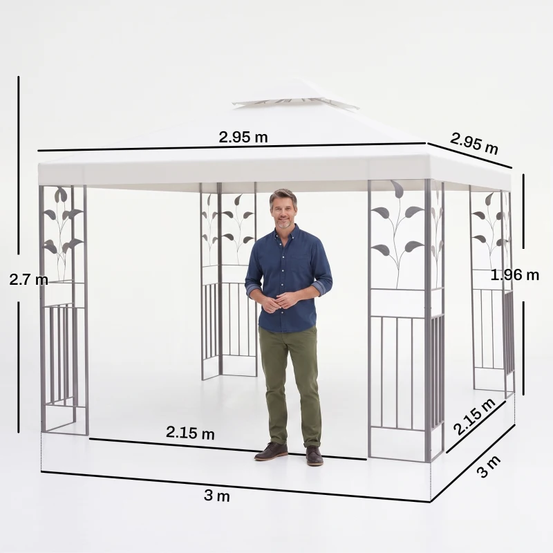 Outsunny 3 x 3m Outdoor Steel Gazebo with 2 Tier Roof, Garden Gazebo Patio Canopy Marquee Shelter with Decorative Steel Frame - Cream